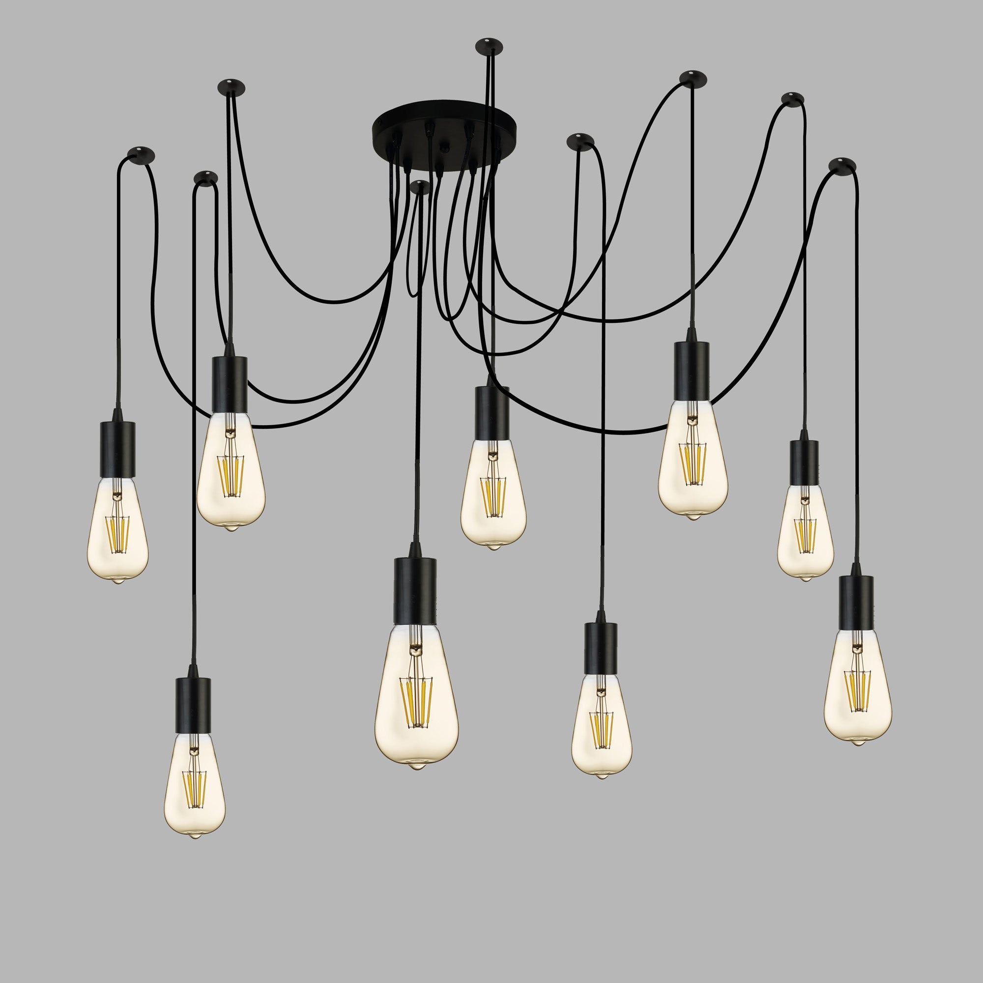 Lampadario Industrial-Nordico Squiggle Acciaio Nero 9 Luci E27