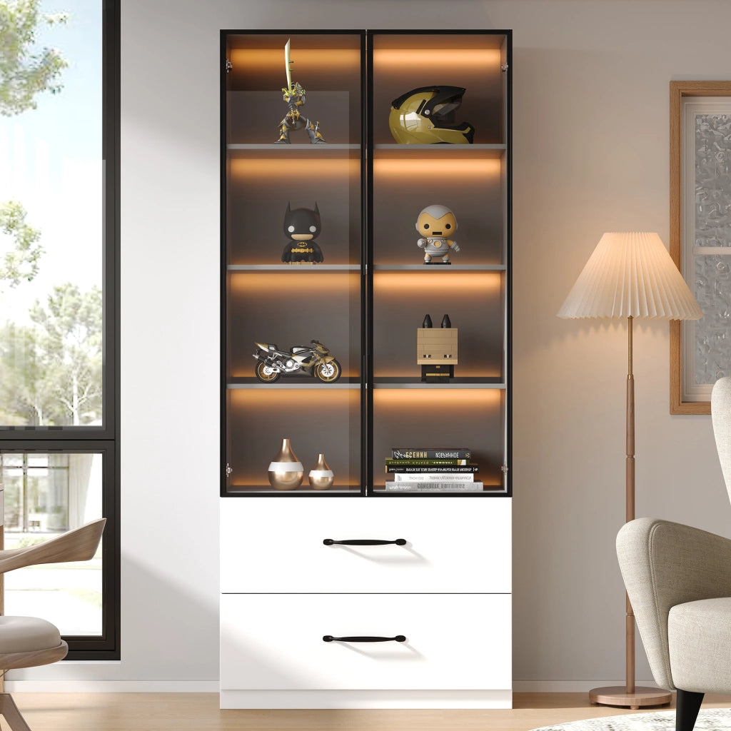 Vetrina con 2 Ante in Vetro Temperato e 2 Cassetti; LED Multicolore; Telaio in Alluminio; in Pannelli di Particelle; Bianco; 60??40??160 cm