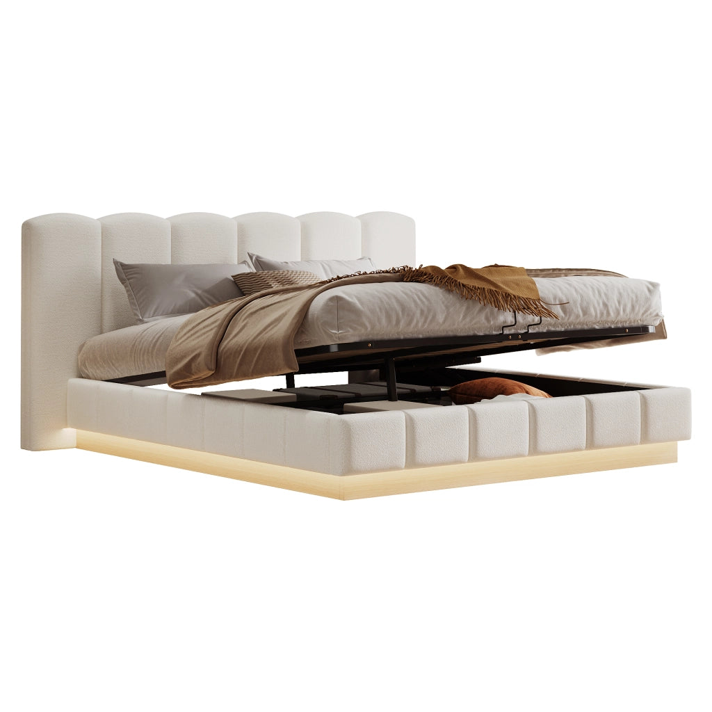 Letto matrimoniale 180x200 cm con contenitore idraulico, testiera imbottita, LED e rivestimento Bouclé bianco