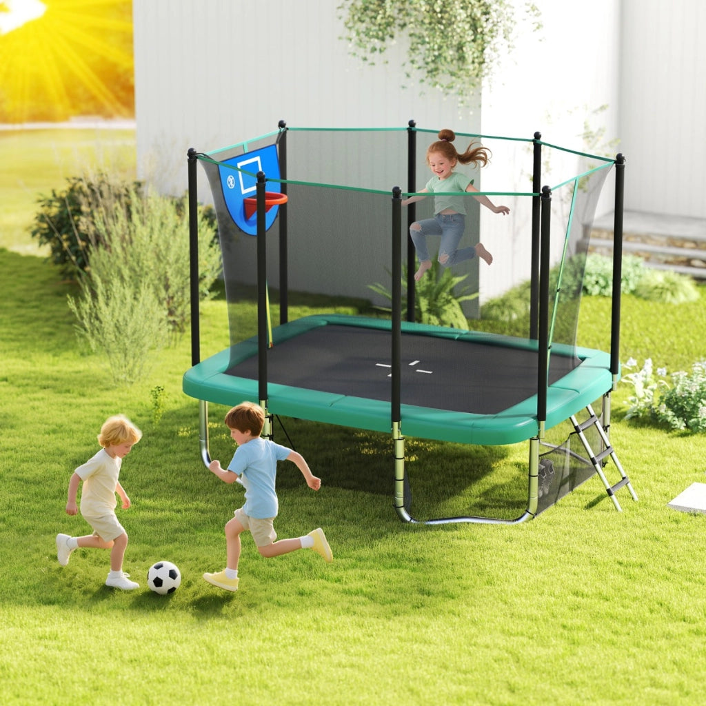 Trampolino robusto con canestro da basket porta da calcio scala antiscivolo, Trampolino rettangolare per esterno per bambini Verde-Trampolini
