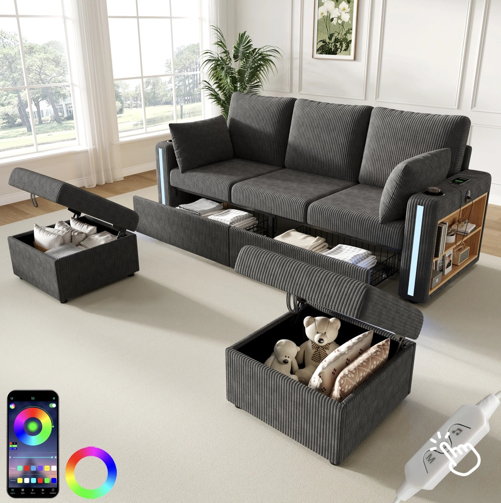 Divano modulare a U/L grigio con LED, USB-C e contenitore