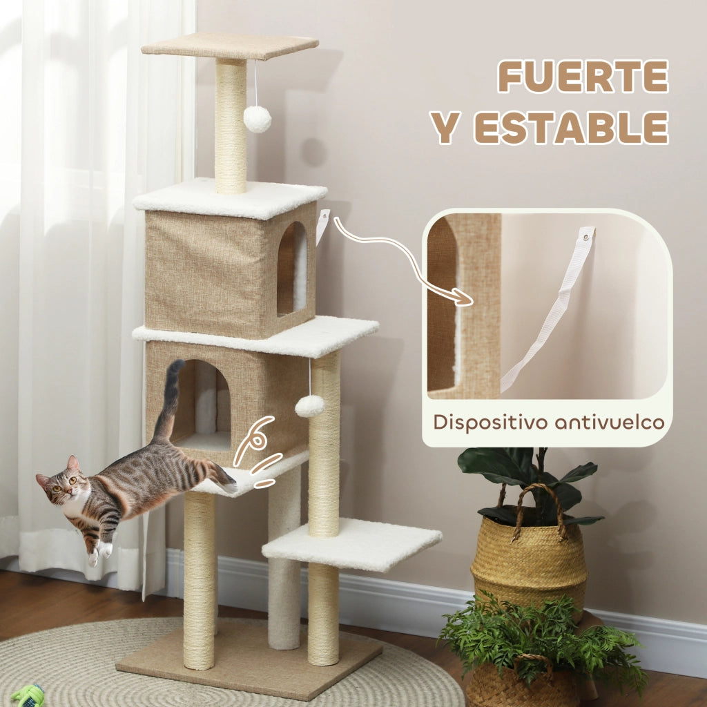 Albero tiragraffi per gatti con piattaforme, tane e palline ¨C zephmum ¨C marrone chiaro 140 cm