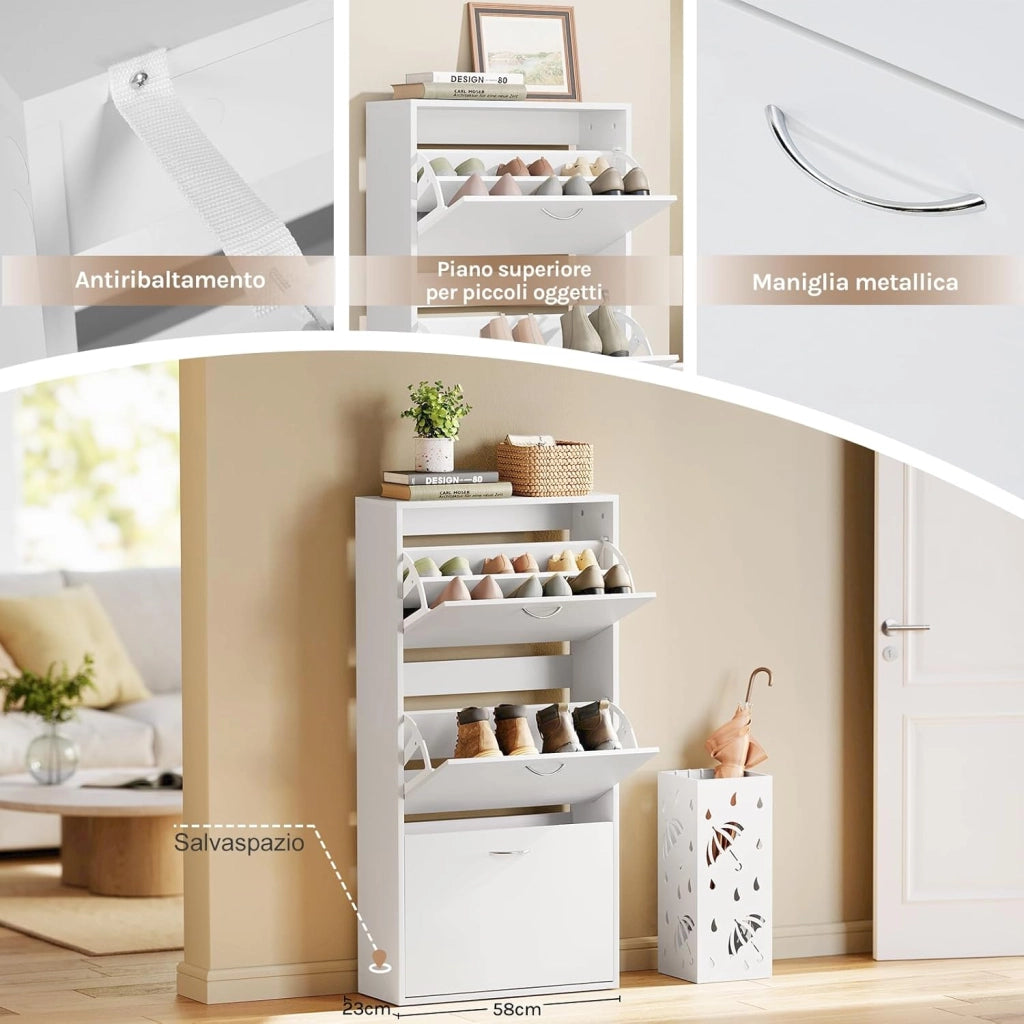Scarpiera con 3 Cassetti a Ribalta, Portascarpe Stretto con Ripiani Regolabili, Capienza 14-18 Paia, 58x23x118 cm, Bianco, per Corridoio e Soggiorno