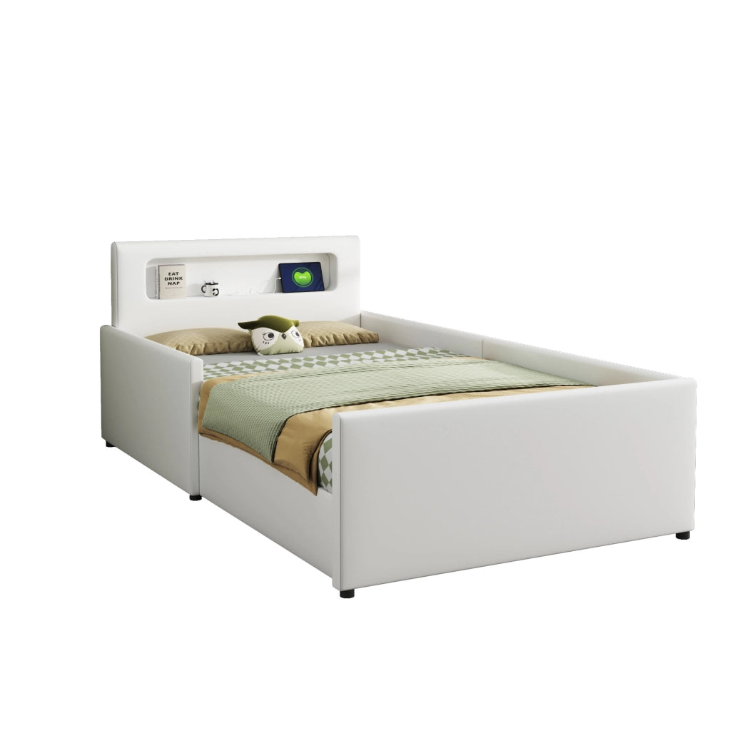 Letto imbottito per bambini 90x200 cm in similpelle bianca con LED; USB e cassetti