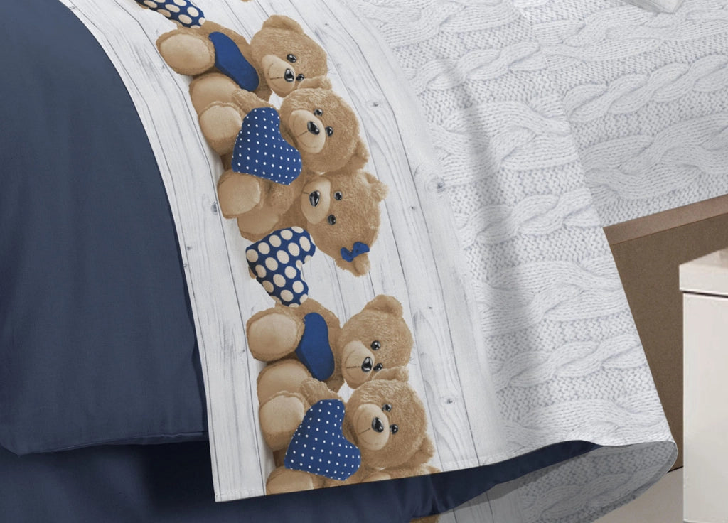 Completo Lenzuola Linea Pensieri Delicati 100% Cotone Disegno New Orsetti - Singolo - Blu