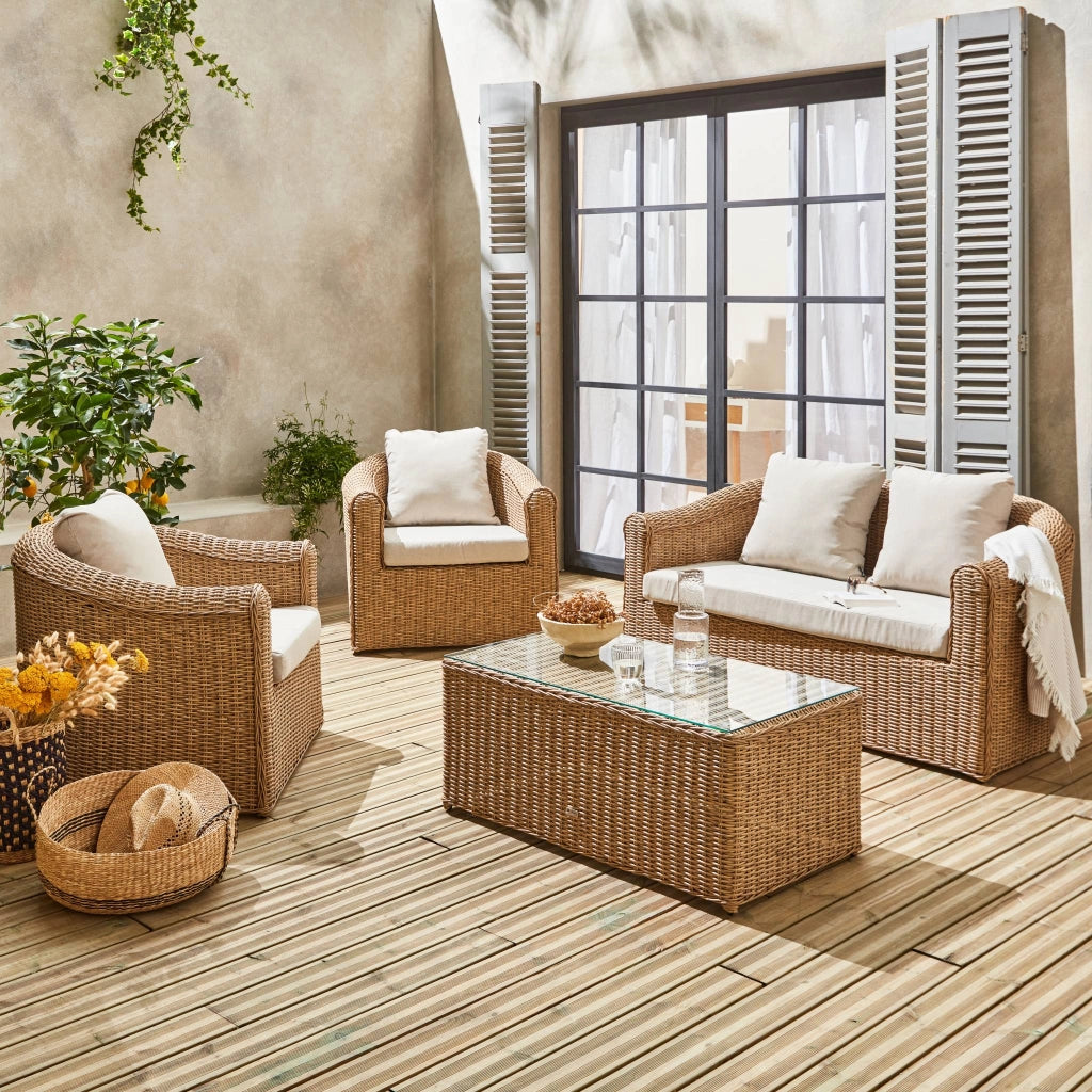 Salotto da giardino in resina intrecciata, 4 posti, marrone naturale