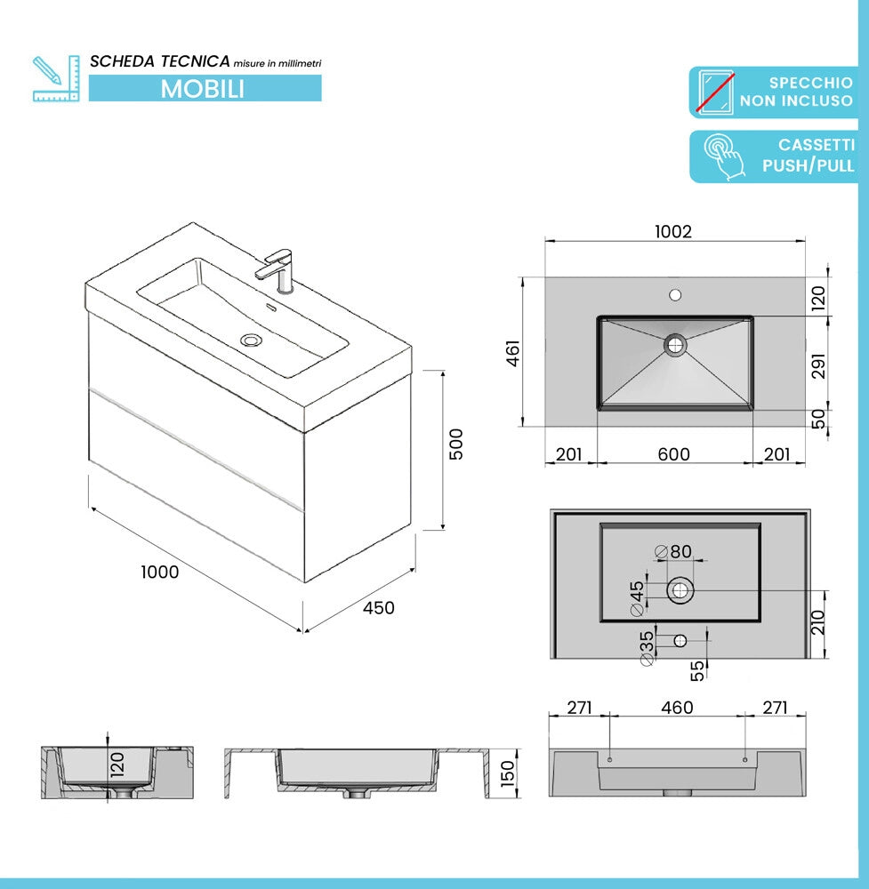 Mobile bagno sospeso 100 cm blu due cassetti push-pull e lavabo in resina Tierra