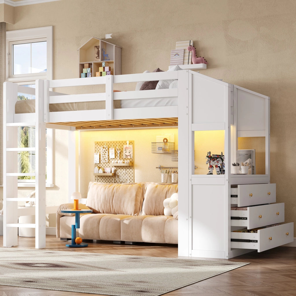 Letto a Soppalco 90x200 cm; Letto Singolo con 3 Cassetti; Mensole e LED - Bianco