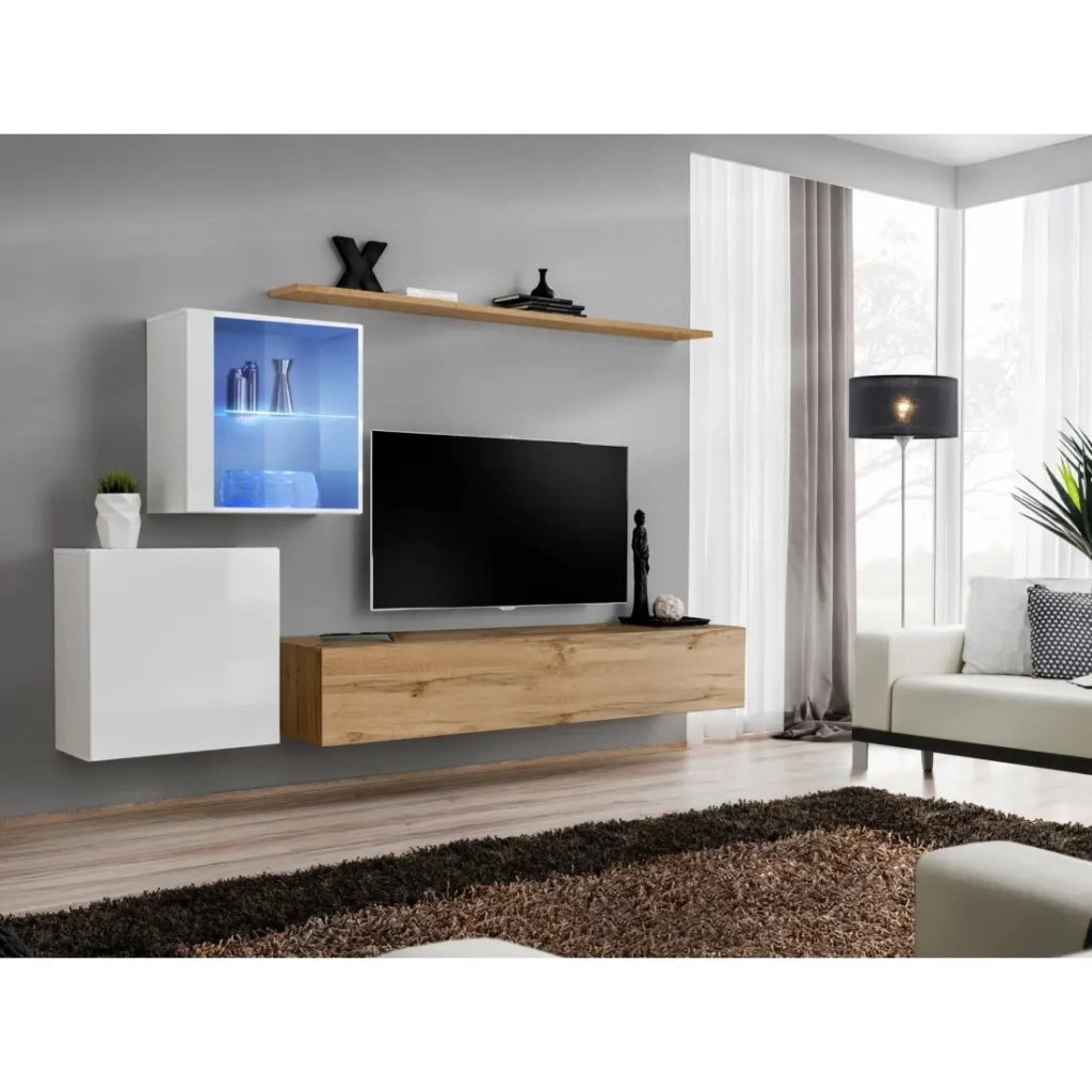Mobile da soggiorno a parete SWITCH XV design, colore rovere Wotan e bianco lucido.