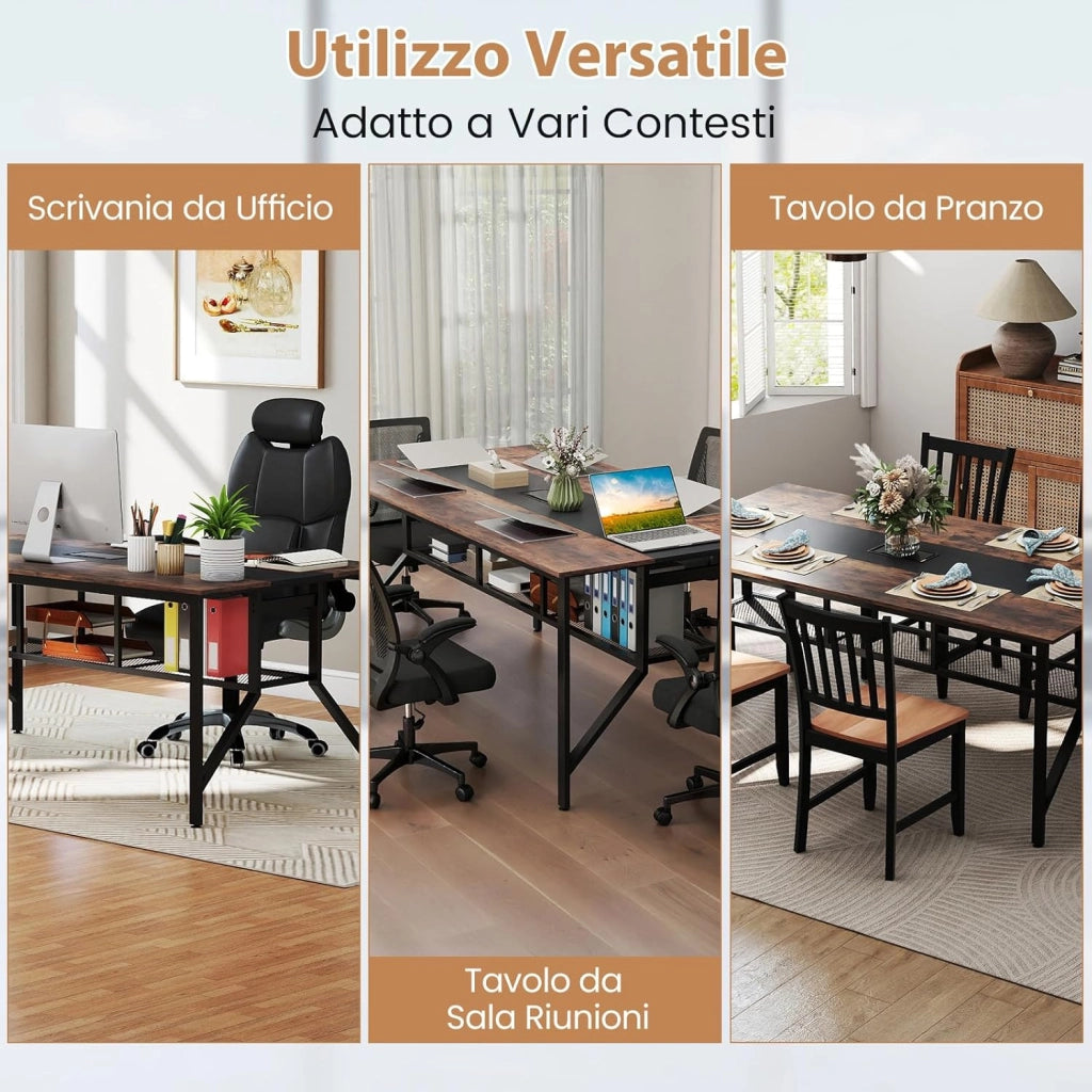 Tavolo da Conferenza per 6-8 Persone, Tavolo Rettangolare per Riunioni con Ripiano Portaoggetti in Rete, Passacavi e Struttura Metallica, Mobile da Seminari per Ufficio e Sala Riunione