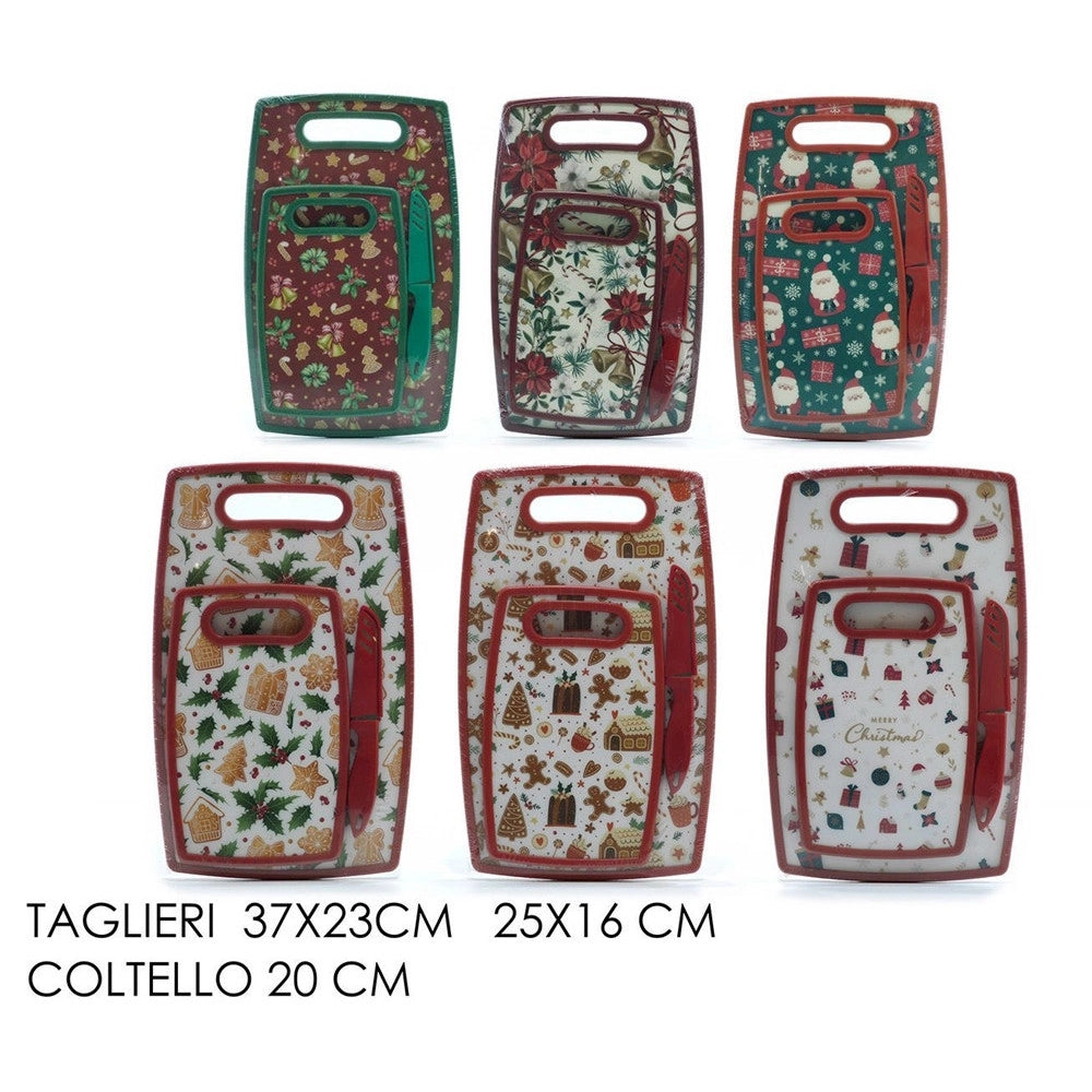 Trade Shop - Set 2 Taglieri Rettangolari In Mdf Polipropilene Con Coltello Cucina Fantasie Natalizie -