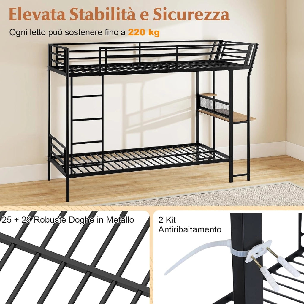 Letto a Castello con Scrivania, 90x190 cm, Struttura Letto in Metallo con Postazione di Lavoro in Legno, con Sponde di Sicurezza e Scala, Lettino Loft Carico 220 kg