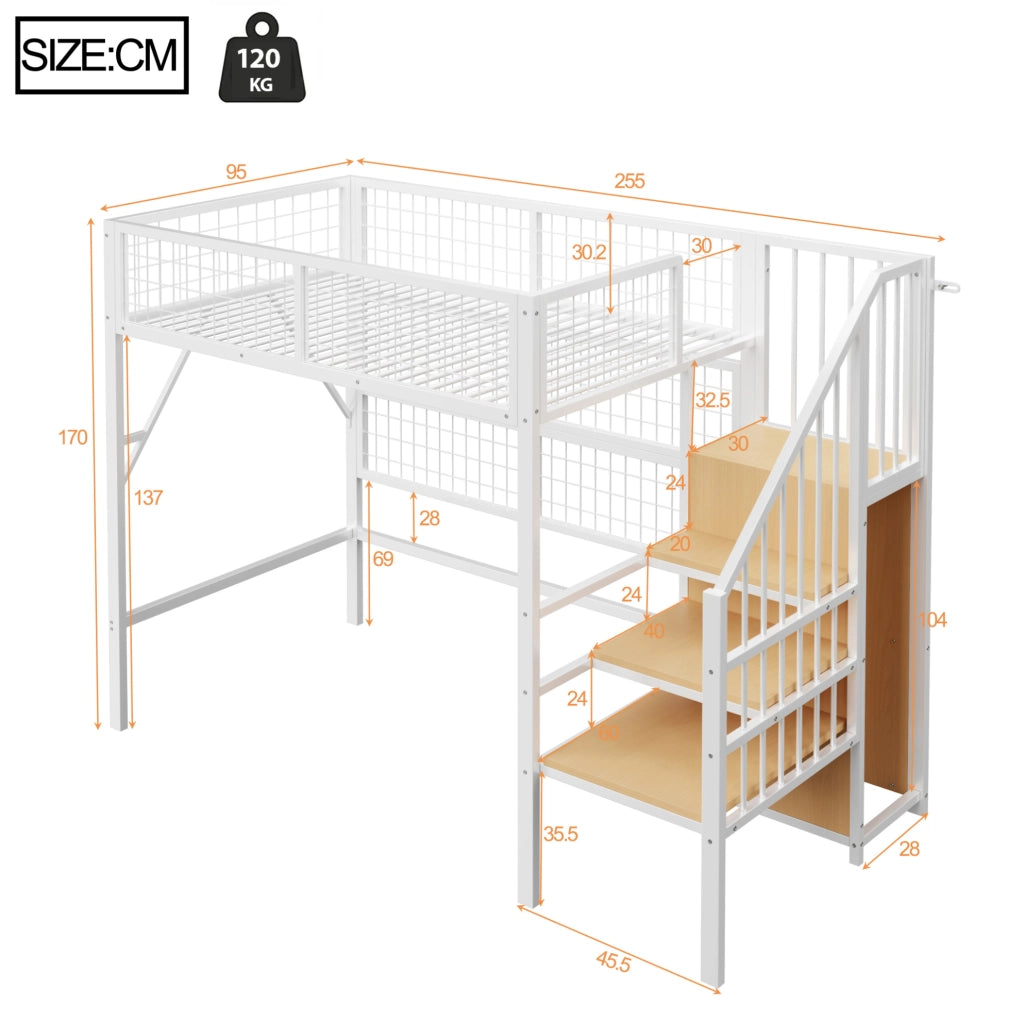 Letto a soppalco in metallo 90 x 200 cm con scala contenitore e LED controllabile tramite app; bianco