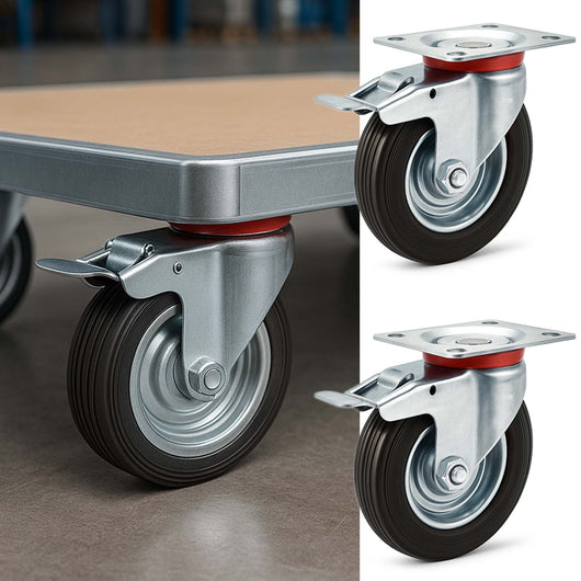 Set 2 ruote piroettanti, freno doppio blocco, Rotella 160mm max 130kg, metallo e gomma piena