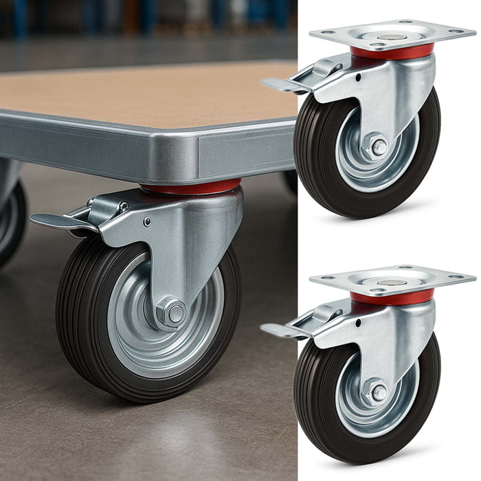 Set 2 ruote piroettanti, freno doppio blocco, Rotella 160mm max 130kg, metallo e gomma piena