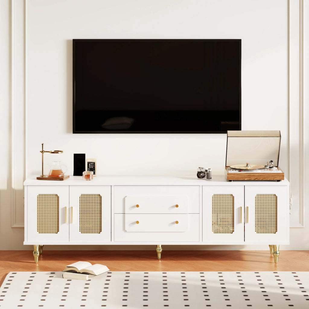 MOBILE TV 175x38x55,5 cm Bianco con ante in PVC rattan e cassetti