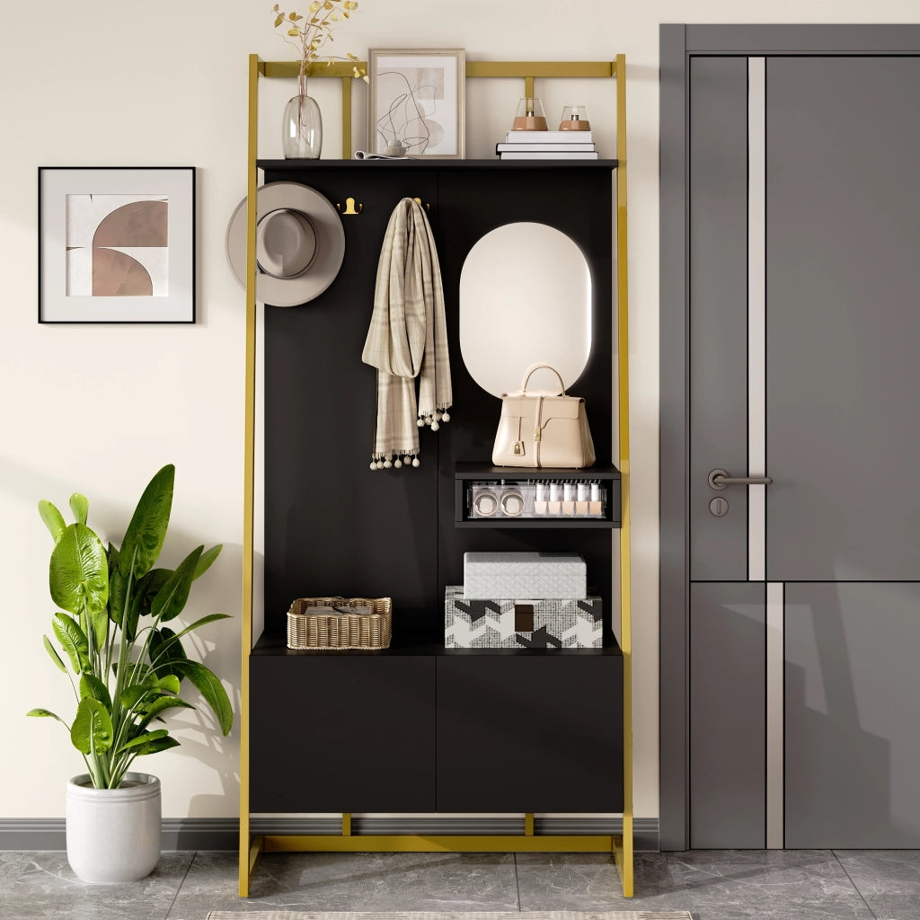 Mobile Ingresso con 2 Ante; Specchio; Ripiani e Ganci in Metallo; Stile Moderno; in MDF; 78??38;5??180;5 cm; Nero