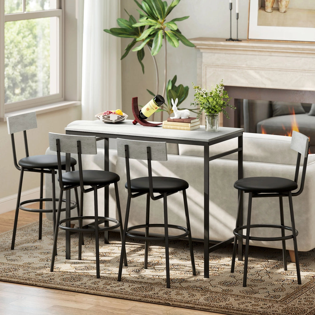 Set Tavolo Alto e 4 Sgabelli da Bar in Stile Industriale in MDF e Acciaio Grigio Cemento