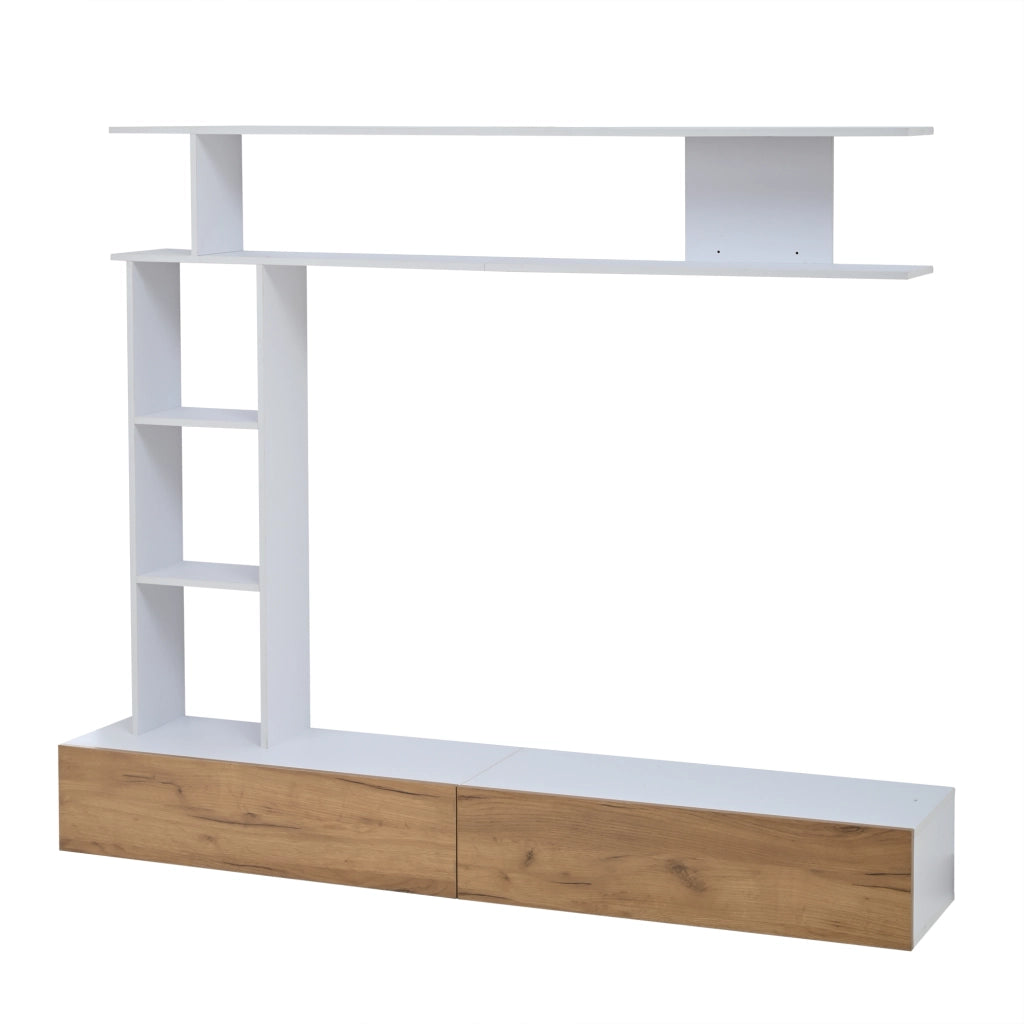 Mobile porta TV con 2 ante a ribalta e scaffale verticale, sospeso o a terra, bianco e legno 180 × 35 × 22,5 cm