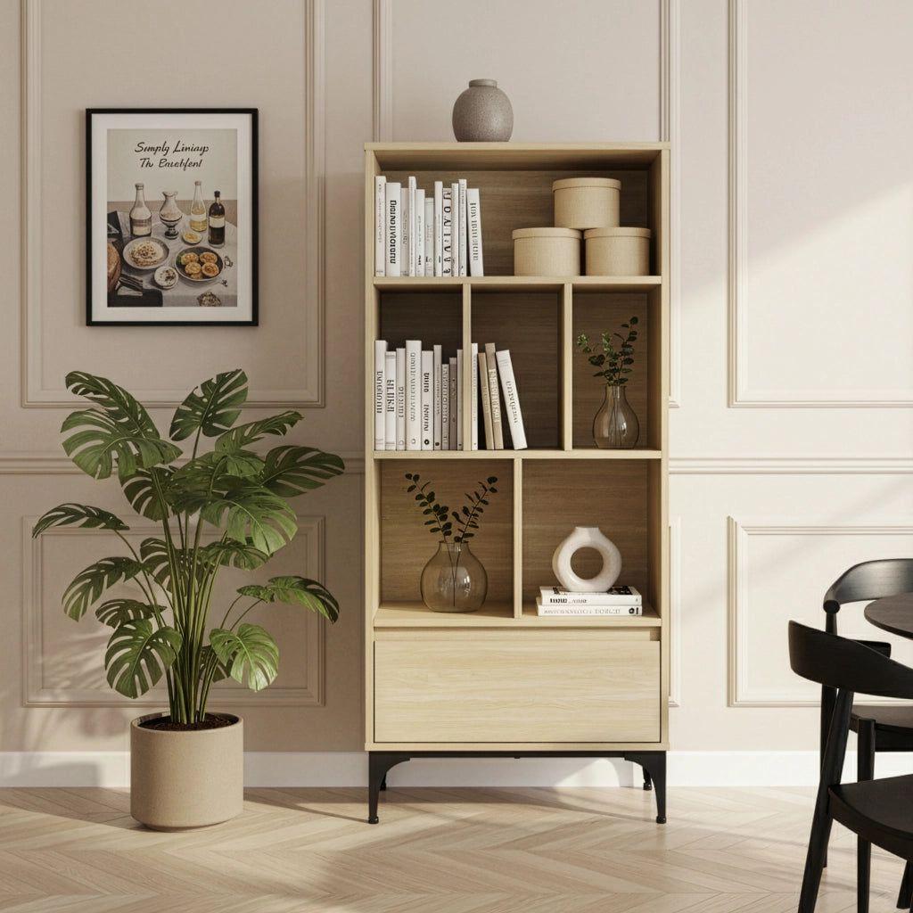 Libreria Kistiandi con 6 Vani Aperti e Cassetto 137 x 60 x 35 cm - Effetto Rovere Chiaro [en.casa]