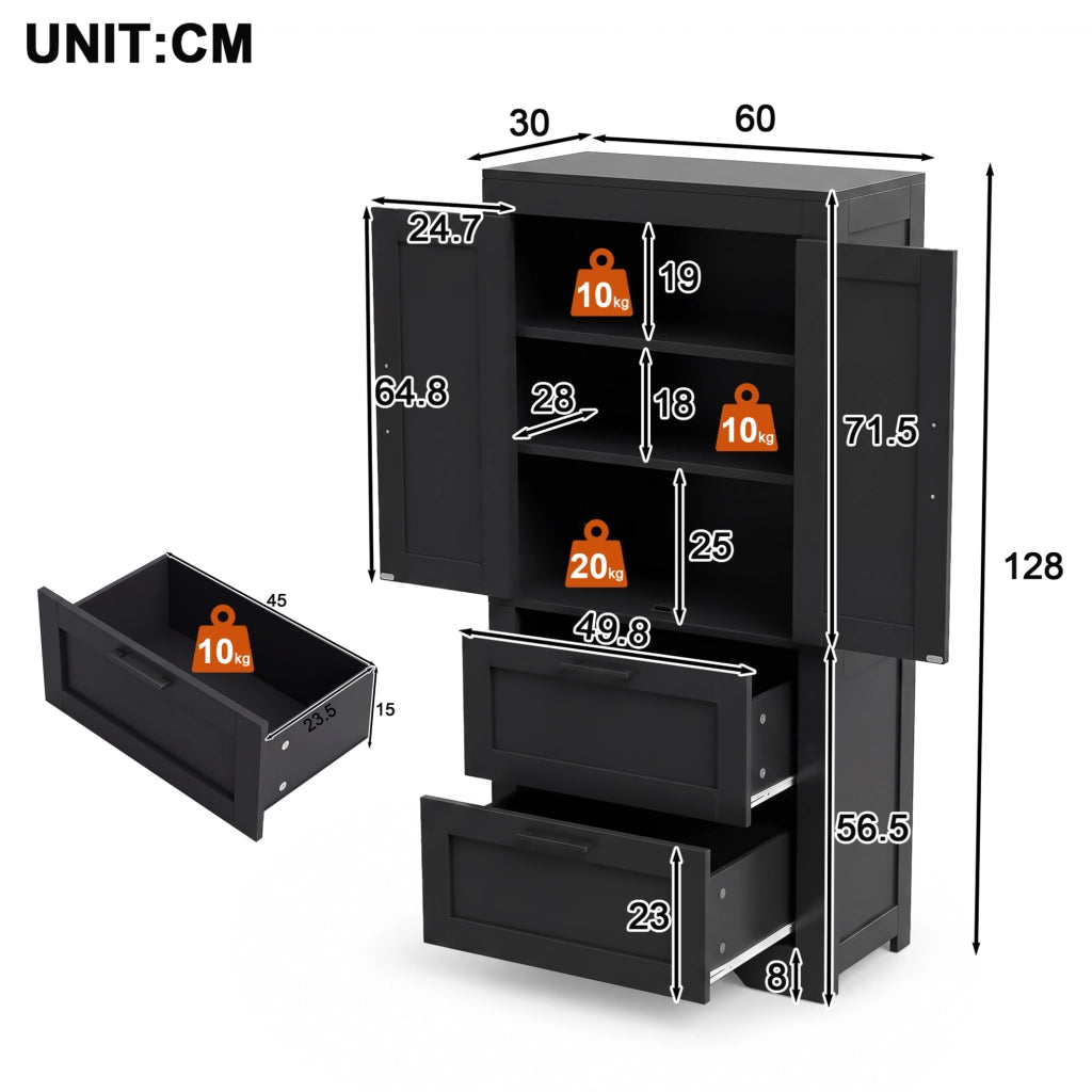 Credenza alta stile country con 2 cassetti e ripiani regolabili; nero; 60x30x128 cm in MDF e truciolare