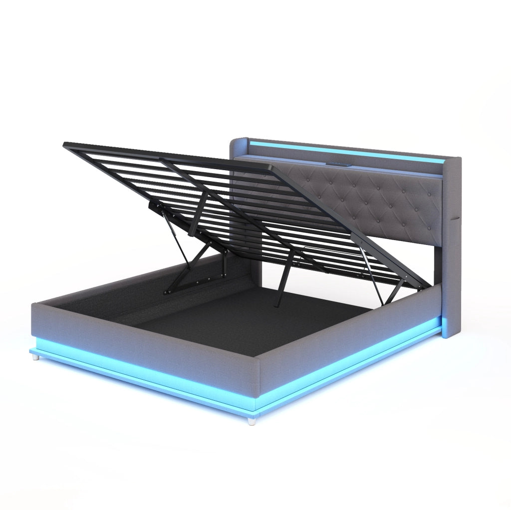 Letto imbottito con LED; USB e contenitore idraulico 140x200 cm in tessuto effetto lino grigio