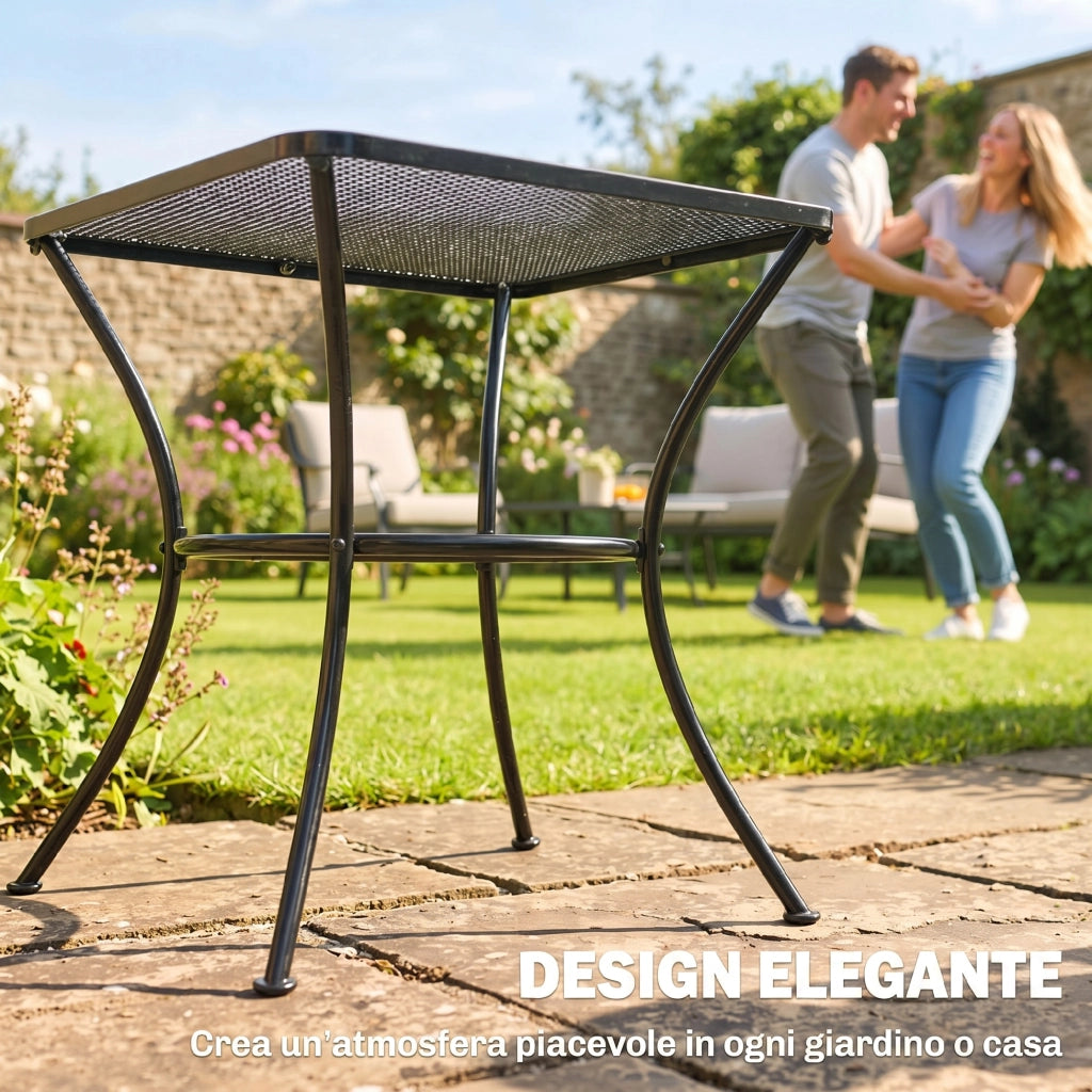 Tavolino da Giardino Quadrato in Acciaio con Piano Traforato, 45x45x50 cm, Nero