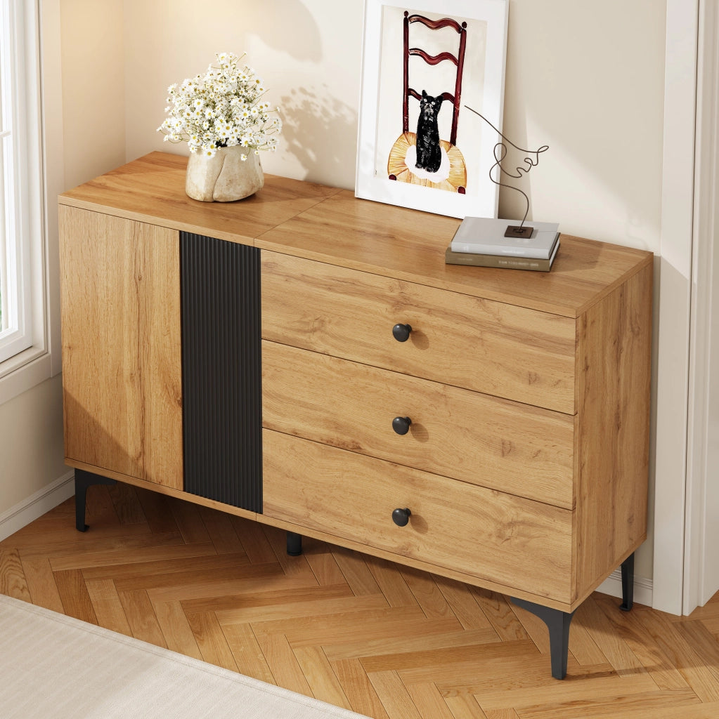 Sideboard moderno in PB naturale e nero 120x35x76 cm con armadio e 3 cassetti