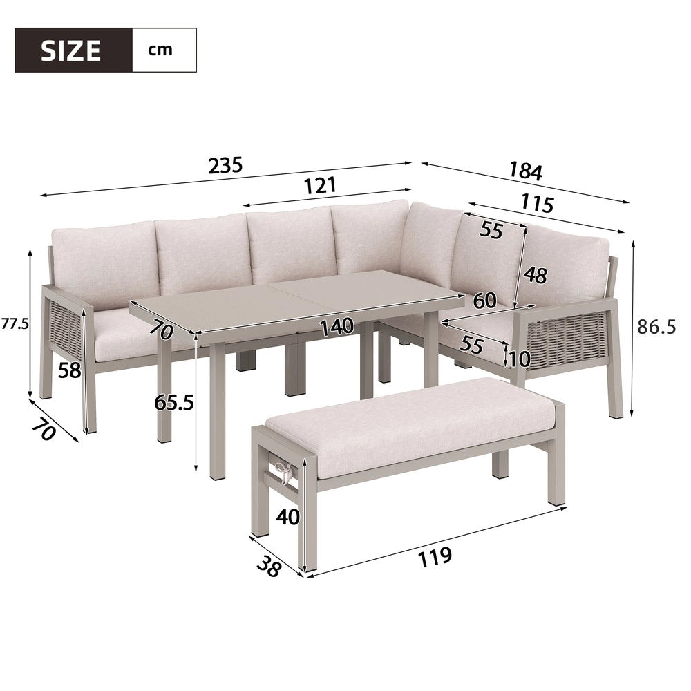 Set Tavolo da Pranzo da Giardino 8 Posti con Divano ¨C Xylo ¨C PE Rattan, Vetro, Khaki