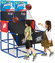 Canestro Basket da Camera per Bambini, Gioco Pallacanestro a Doppio Tiro con 4 Palline e Pompa di Gonfiaggio, Ideale per Sala Giochi e Cortile e Cameretta, 90 x 90 x 140 cm