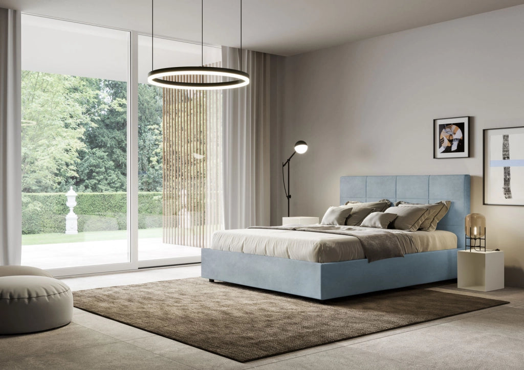 BS COM Letto una piazza e mezza con rete imbottito 130x190 microfibra azzurro