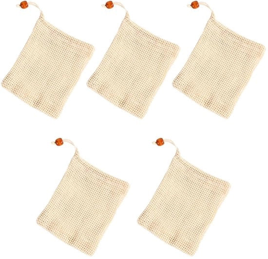 Set di sacchetti di sapone in cotone - 5 pezzi - Robusto e sostenibile - 14 cm x 9 cm - Leggero - Senza plastica e duraturo - Sacchetto di sapone con rete