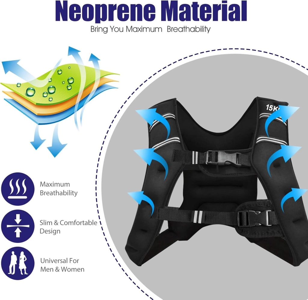 Gilet peso 5/9/15 kg, gilet zavorato in neoprene per allenamenti di peso, gilet da corsa con strisce riflettenti e cinghie regolabili, nero