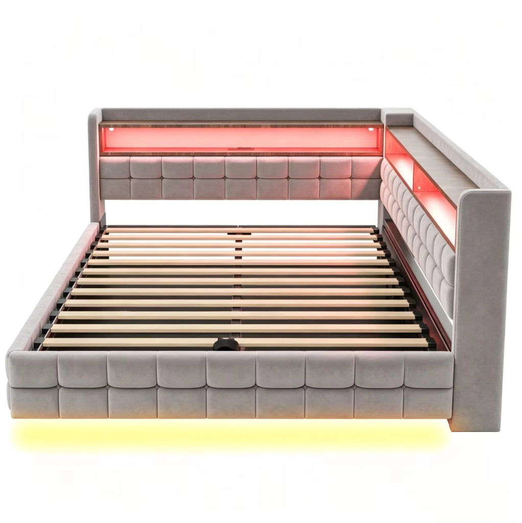Divano letto imbottito 217x155.5x85 cm con vano contenitore; prese; LED; legno; grigio chiaro