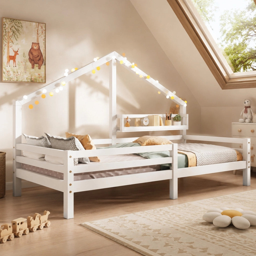 Lettino a casetta per bambini con libreria posteriore 90x200 cm in legno di pino bianco