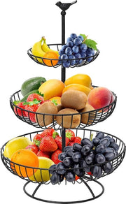 Fruitmand 3 in 1 per spazio maggiore sul piano di lavoro, piatto per frutta & snack, stand per snack, ideale per frutta, verdura, snack, articoli da cucina (nero)
