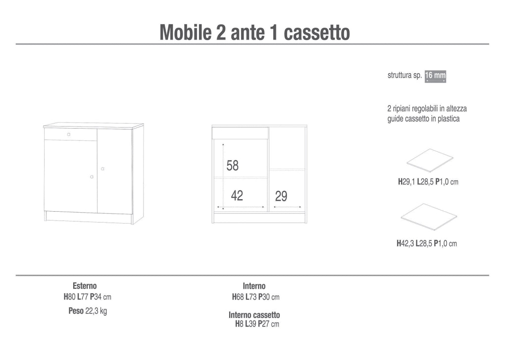 Mobile 2 Ante 1 Cassetto 77x80x34 cm Eucalipto