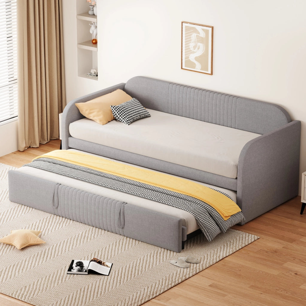 Letto imbottito trasformabile 90x190/180x190 cm in tessuto grigio chiaro