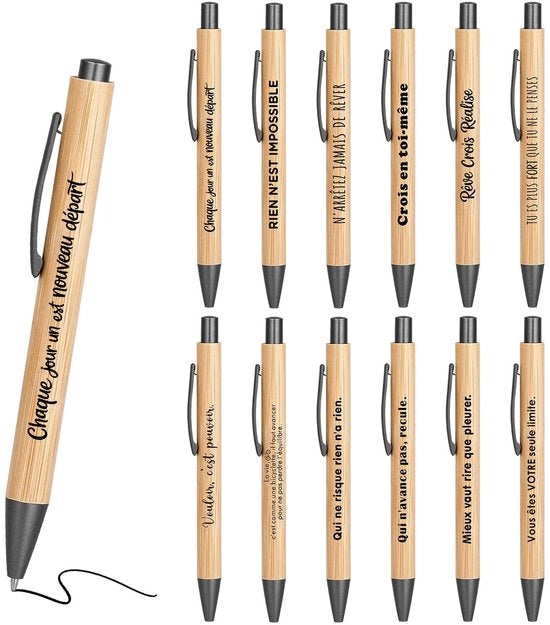 Balpennen in legno da ispirazione - 12 pezzi - Citazioni motivate - Regalo di ringraziamento - Un design unico - Materiale per scrivere