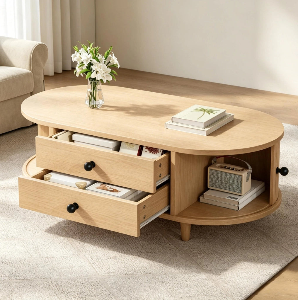 Tavolino da salotto in MDF con 2 cassetti e ante scorrevoli; 100x50x36 cm; legno naturale