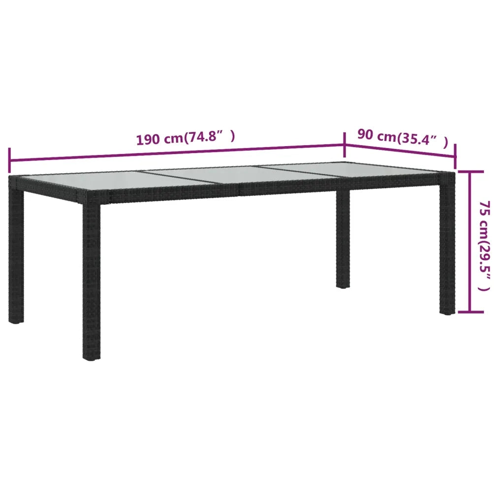 Tavolo Giardino | Tavolino da esterno Nero 190x90x75 cm Vetro Temperato e Polyrattan