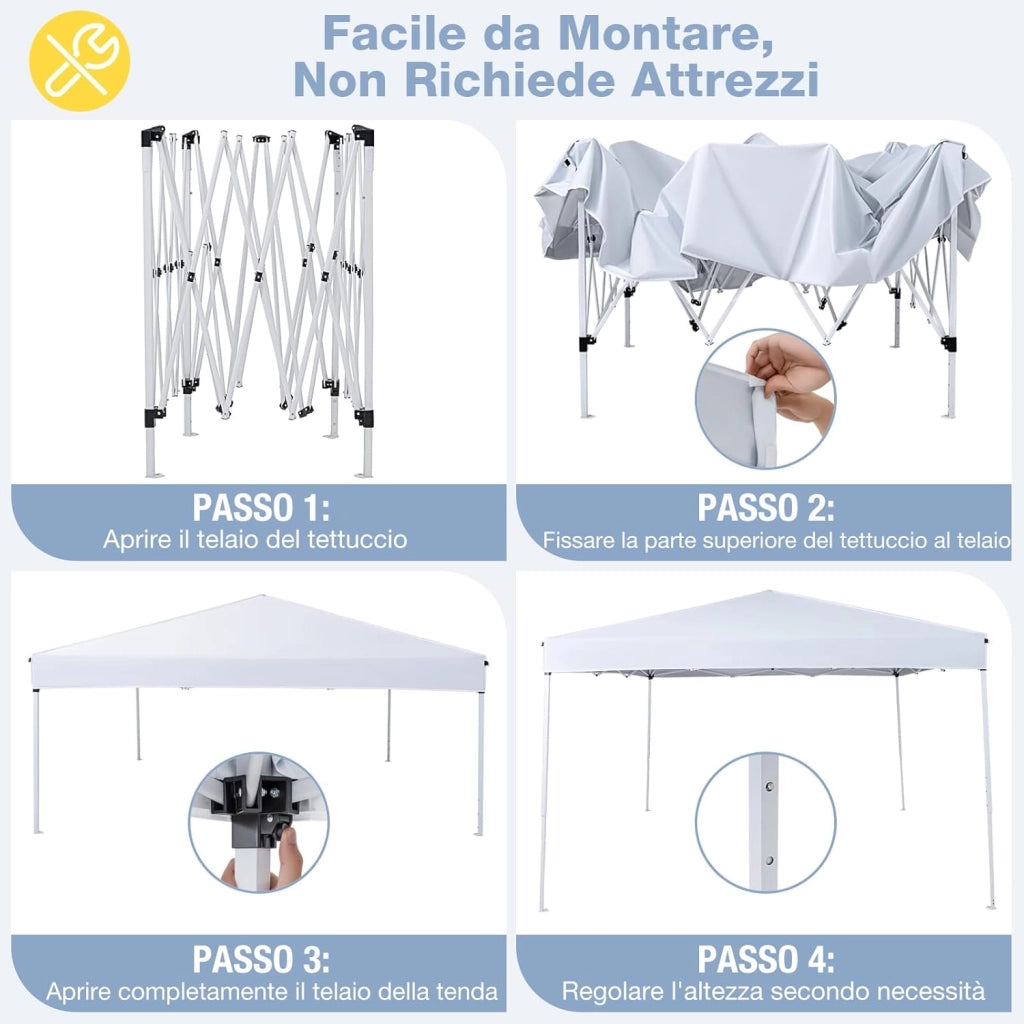 Gazebo da Esterno Pieghevole 290 x 290 cm, Gazebo Pop up con 4 Sacchi di Sabbia e Borsa da Trasporto, Regolabile in Altezza, Telaio Robusto in Metallo, per Mercato, Campeggio (Bianco)