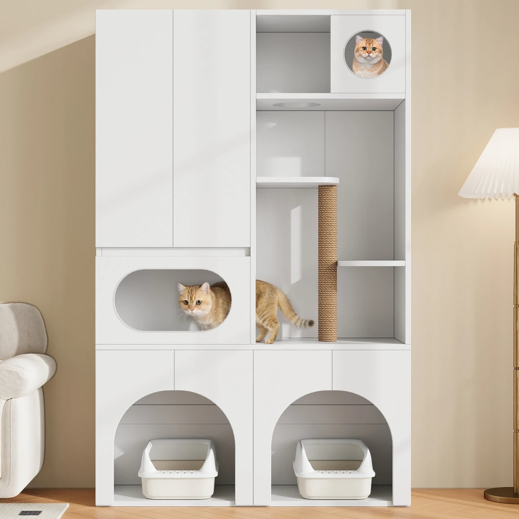 Mobile contenitore con 2 spazi per lettiera; tiragraffi e area relax per gatti e cani; in MDF; bianco; 140×45×195 cm