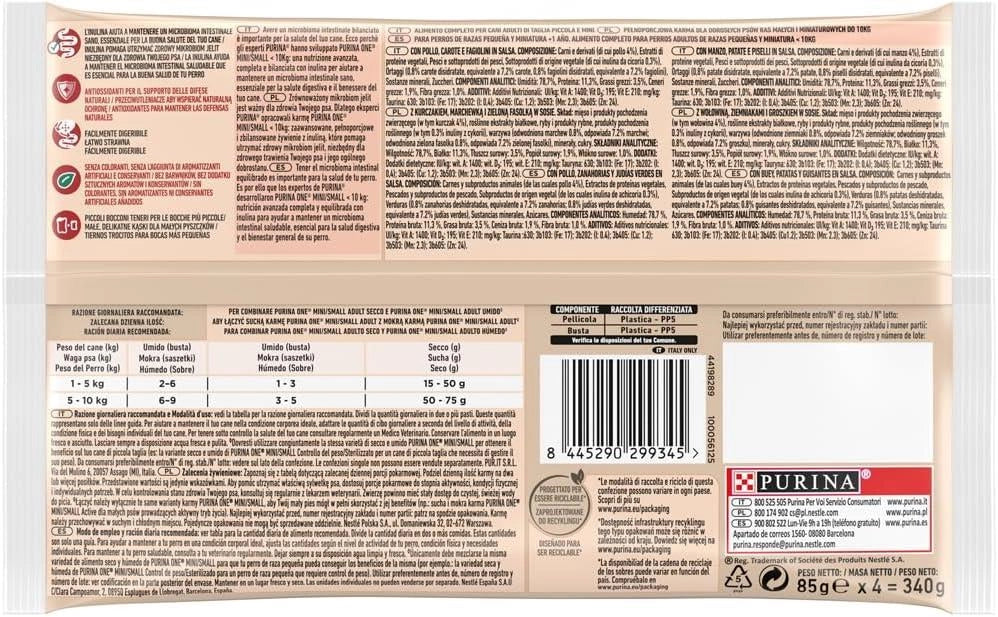 PURINA ONE MINI CIBO UMIDO PER CANI ADULTI CON POLLO E MANZO 4X85 GR
