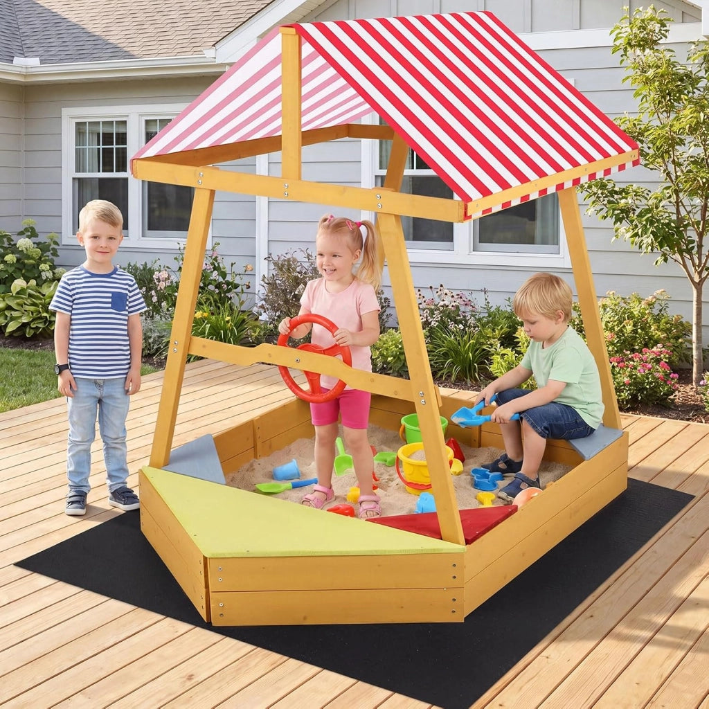 Sabbiera per Bambini in Legno Massello, Sabbionaia con Tetto Parasole, Panca Sedile e Fodera, Forma di Barca, per Esterno, Spiaggia, Cortile e Giardino, 135x103x140 cm