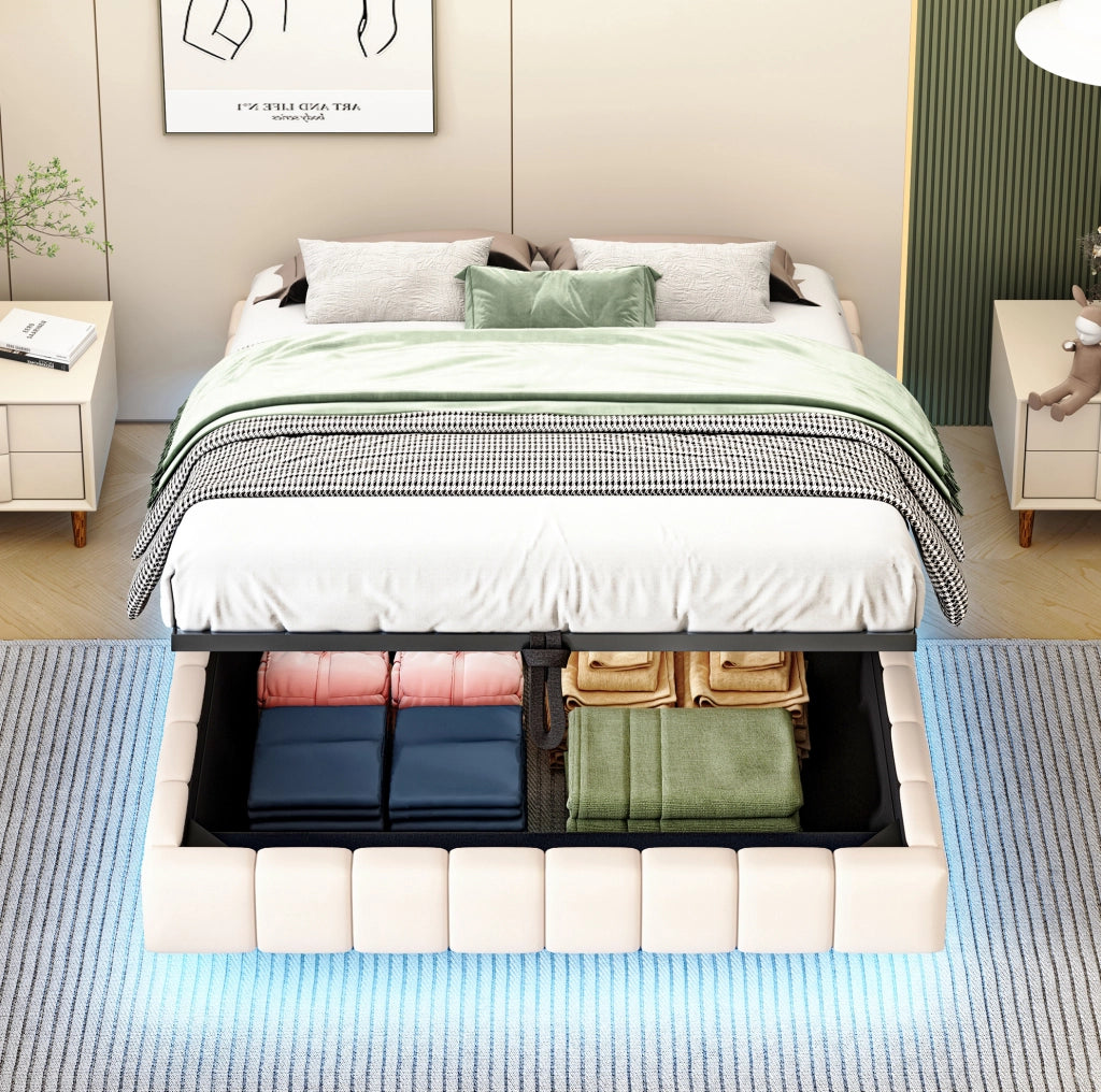 Letto imbottito sospeso 140x200 cm beige con LED e vano contenitore