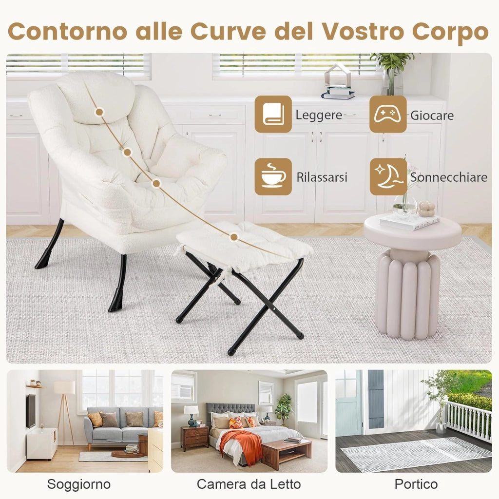 Poltrona Relax con Poggiapiedi, Poltrona da Lettura con Cuscino per Testa, Poltrona Moderna con Schienale e Seduta Imbottiti, Braccioli e Tasca di Stoccaggio, Portata 150 kg (Cashmere Beige)