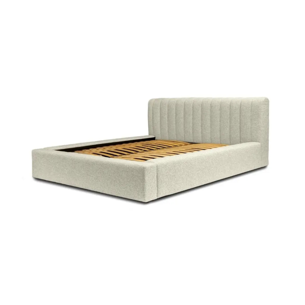 Letto contenitore CERVIN – Taupe sablé bouclé – 140x200 cm – Rete sollevabile – Design di alta gamma