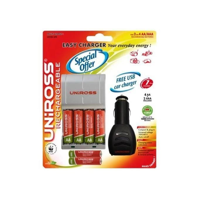 Uniross Caricabatteria Rapido 4 Stilo 2 Ministilo con Adattatore Auto Compatto