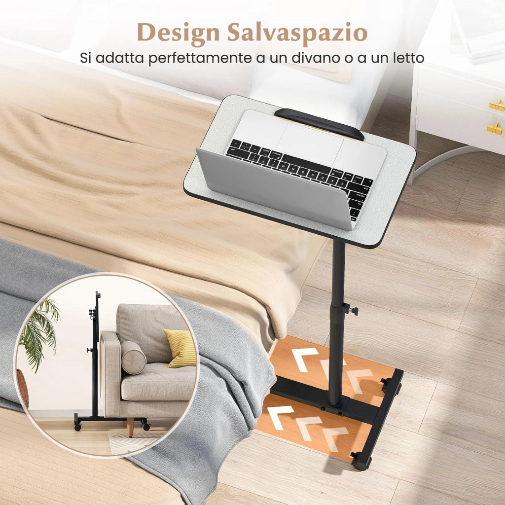 Tavolino Servitore con Altezza Regolabile, Ruote Bloccabili, Piano Girevole a 360° e Inclinabile con Fermo Bordo, Tavolino a Forma di C per Soggiorno, Camera da Letto e Studio (Grigio)